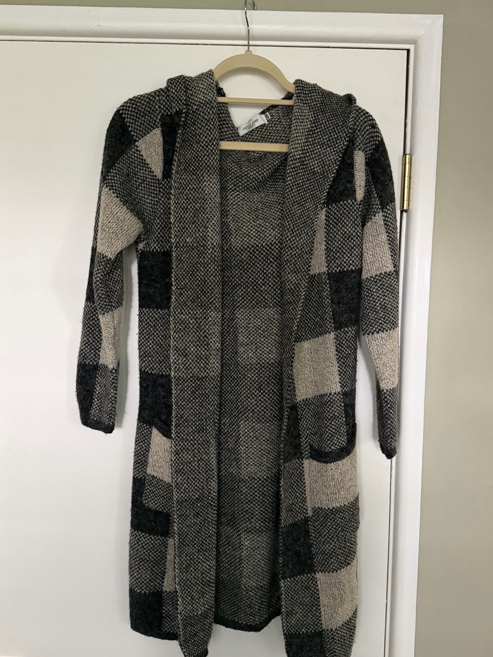 Carly Jean Los Angeles Black & Cream Plaid Hooded Long Cardigan